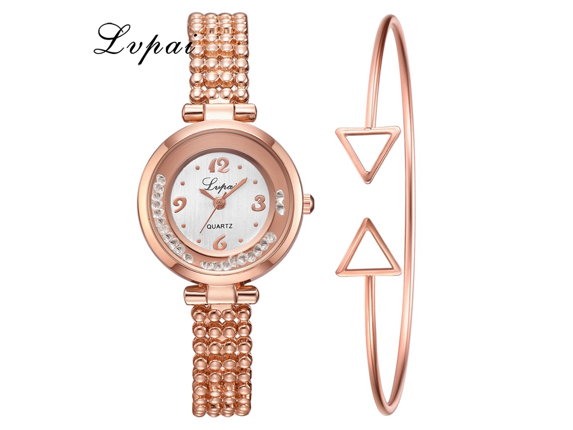 Relógio de Pulso Feminino de Quartzo Casual com Strass Pulseira Elegante Ouro Rosa Branco