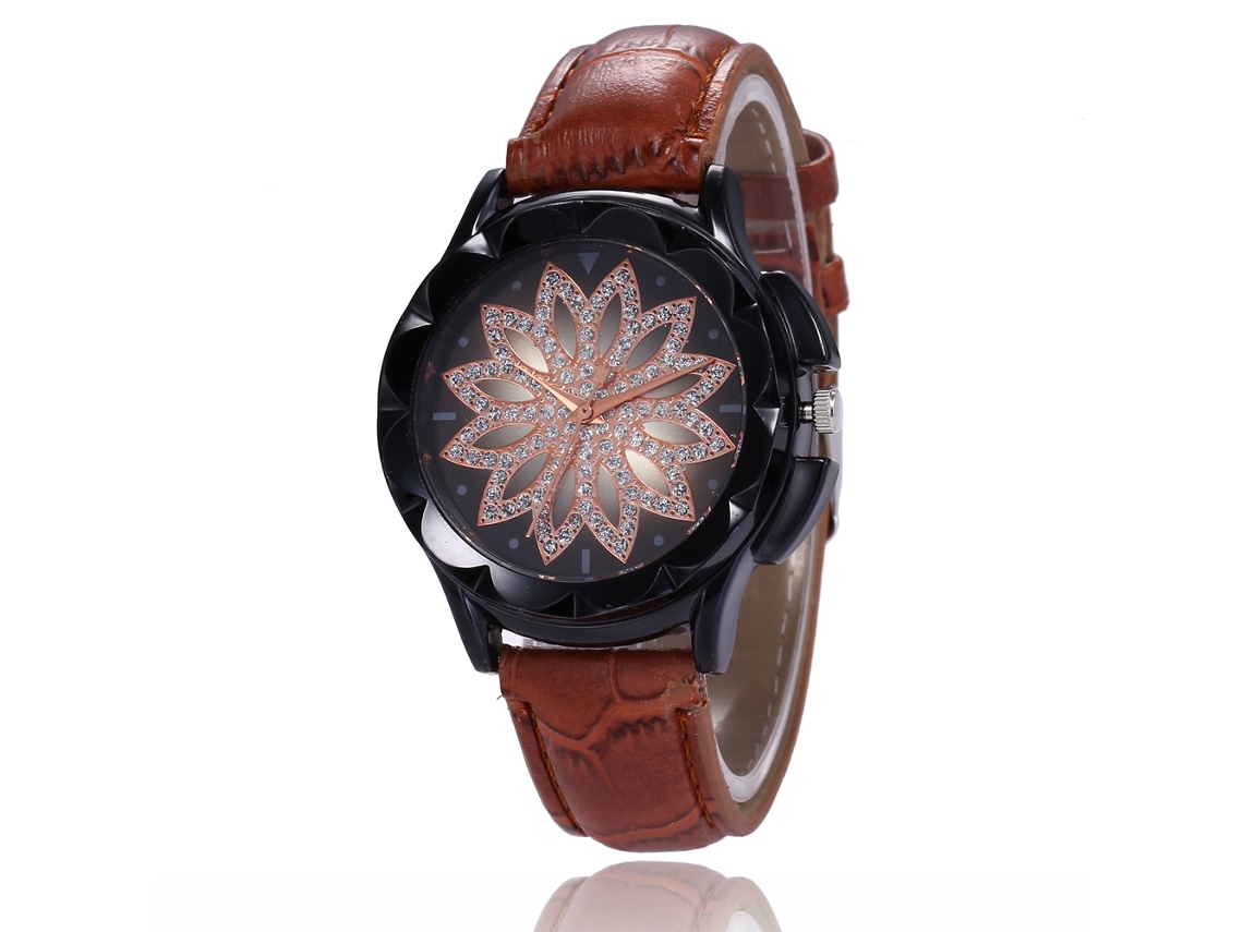 Relógio de quartzo unissex com mostrador floral e pulseira casual de couro PU marrom.
