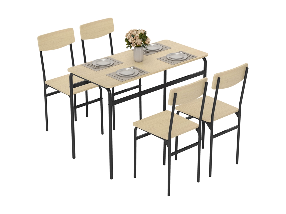 Conjunto 5pçs, Mesa Retangular + 4 Cadeiras, Madeira+metal, Preto/cor Madeira.
