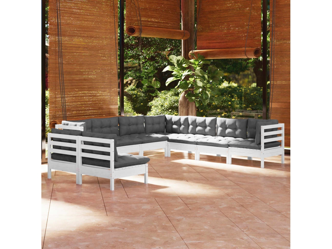 Conjunto 9 Peças Lounge De Jardim C/ Almofadas Pinho Maciço Branco Dkd Home Decor