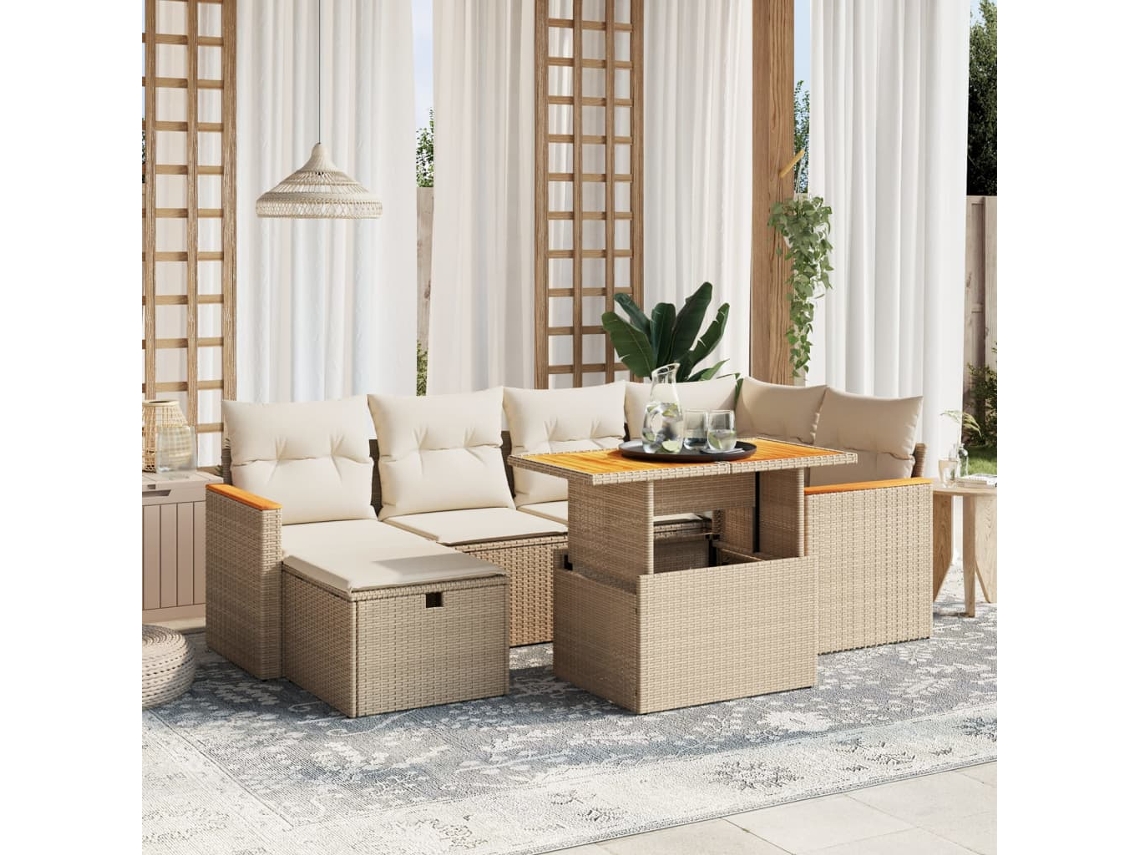 Vidaxl 7 Pcs Conjunto De Sofás P/ Jardim Com Almofadões Vime Pe Bege