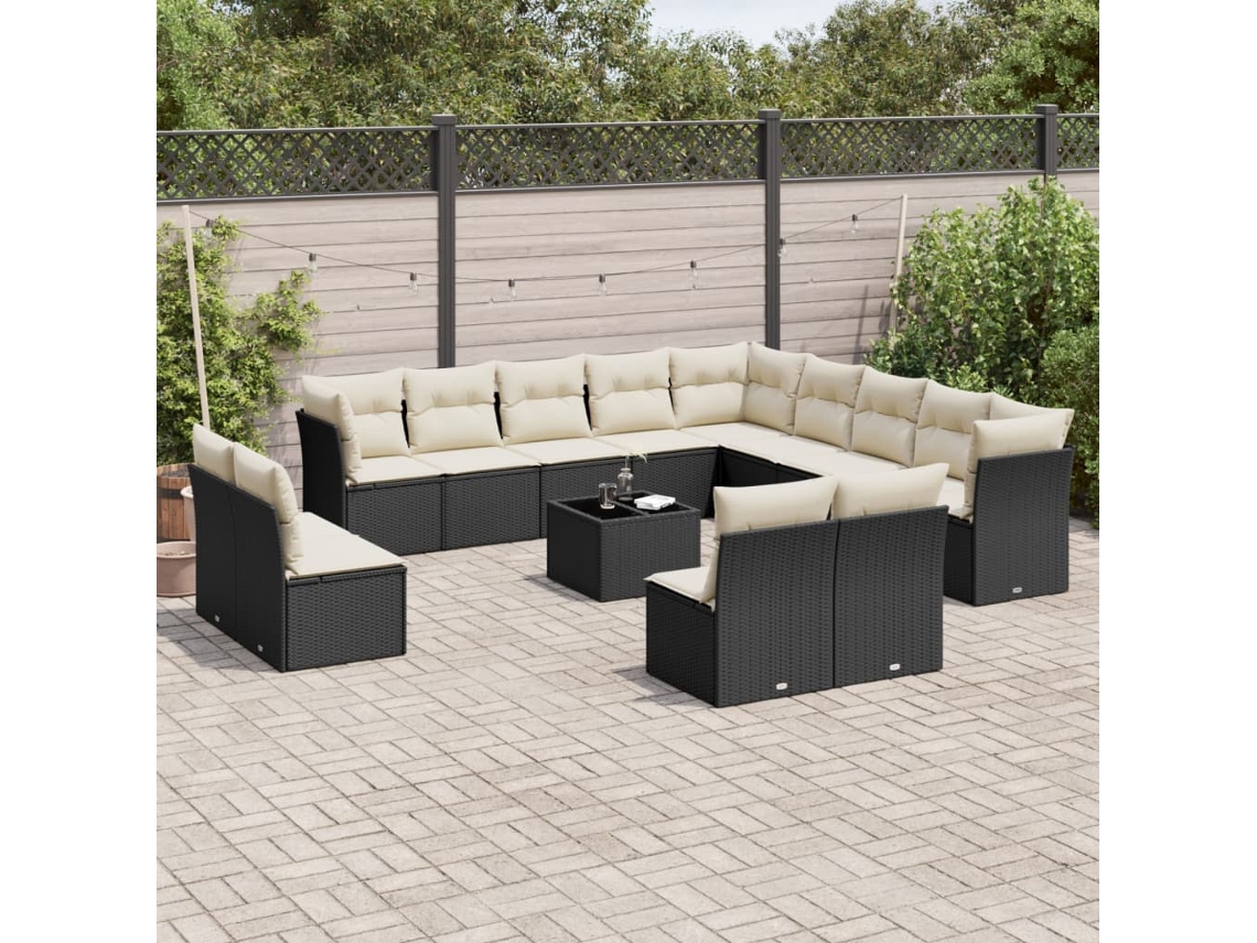 Vidaxl 14 Pcs Conjunto De Sofás P/ Jardim C/ Almofadões Vime Pe Preto