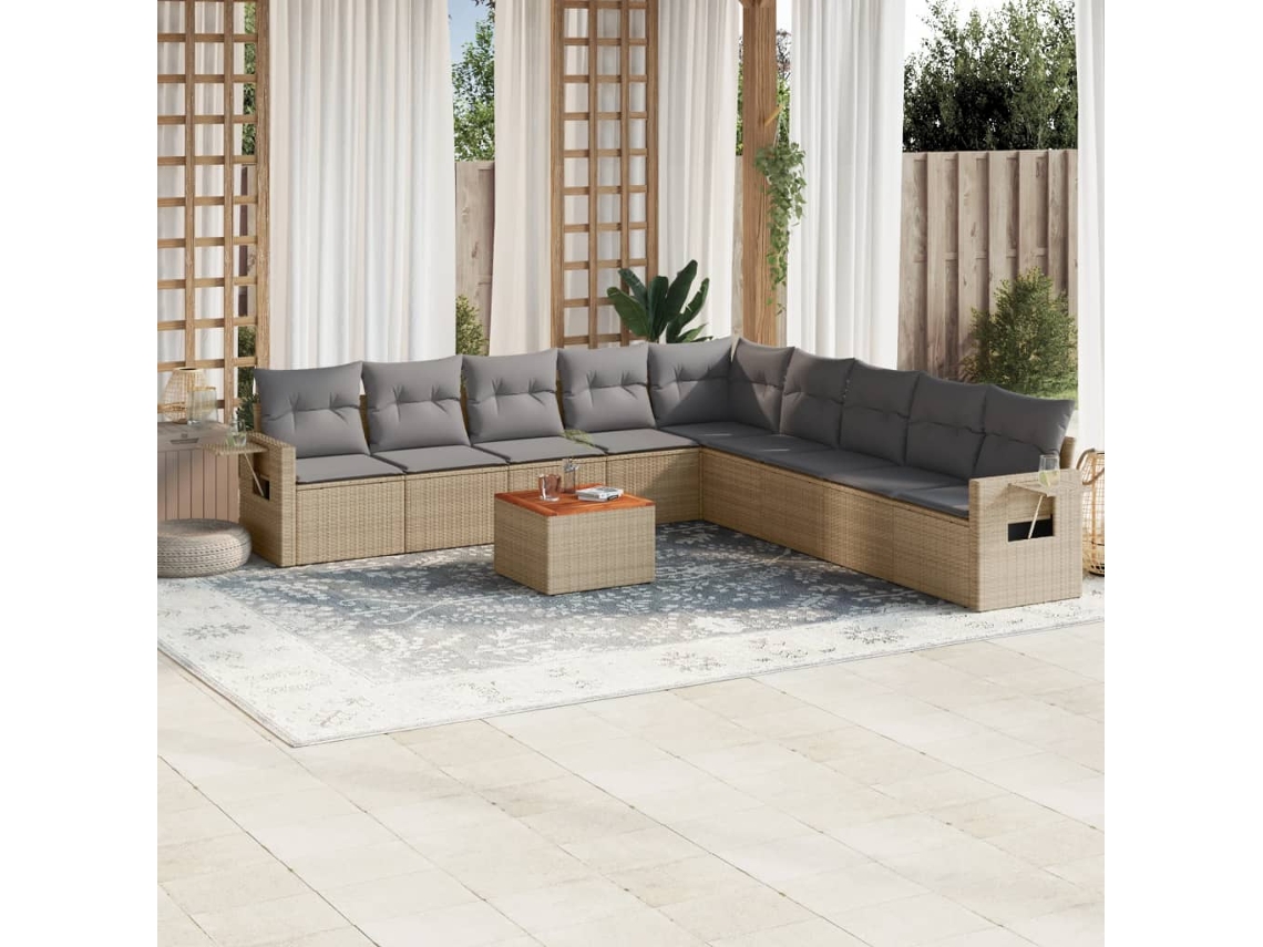 Vidaxl 10 Pcs Conjunto De Sofás P/ Jardim Com Almofadões Vime Pe Bege