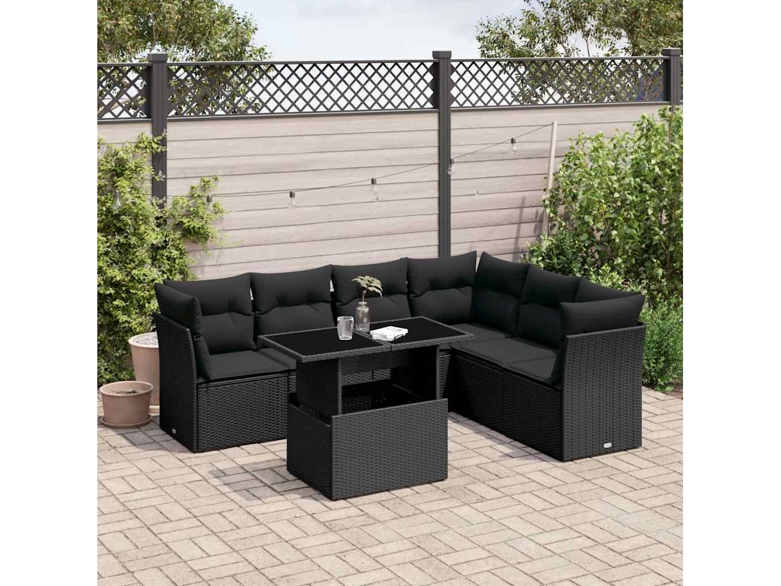 Jogo de Sofá 7 Peças P/ Jardim C/ Almofadões Vime Pe Preto Dkd Home Decor