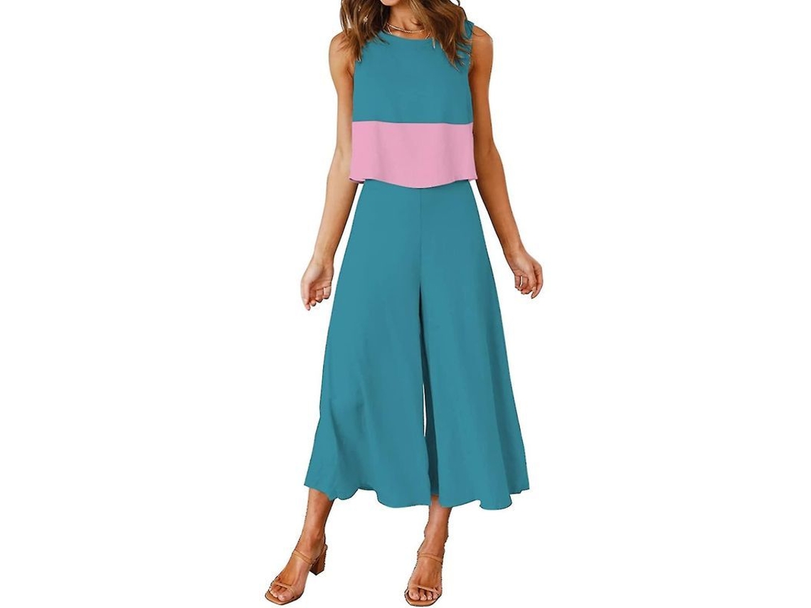 2026 conjunto de Verano para Mujer Roylamp: Blusa de Colarinho Redondo e Calças Largas Crop