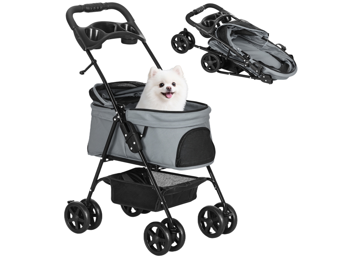Carrinho Pequeno para Cães com Rodas Universais, Cestas de Armazenamento com Alças de Segurança e Janelas Cinza 67x45x96 Cm Ge