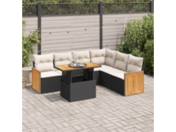Vidaxl 7 Pcs Conjunto Sofás Jardim C/ Almofadões Vime Pe/acácia Preto