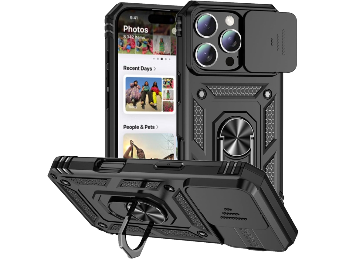 Capa magnética AEUZWR compatível com iPhone 16 Pro com protetor de câmera, suporte integrado e resistente a impactos, na cor preta.