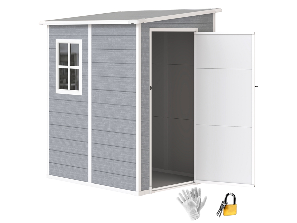 Casinha de jardim, porta com fechadura, janela para iluminação e ventilação, alumínio, 122x149x192/177 cm, cinza