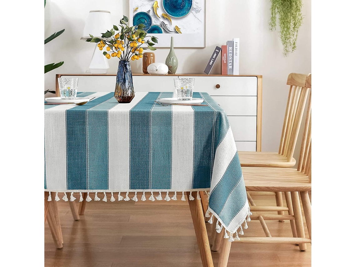 Lurelia Toalha De Mesa Retangular Algodão Linho Azul 140 Cm Borlas Natal Macio