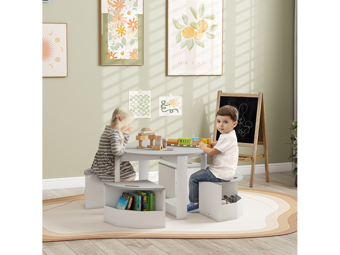 Conjunto Infantil Em Madeira Compartimento Armazenamento Que Poupa Espaço De Mesa E Banquinho 5 Peças Cinzento