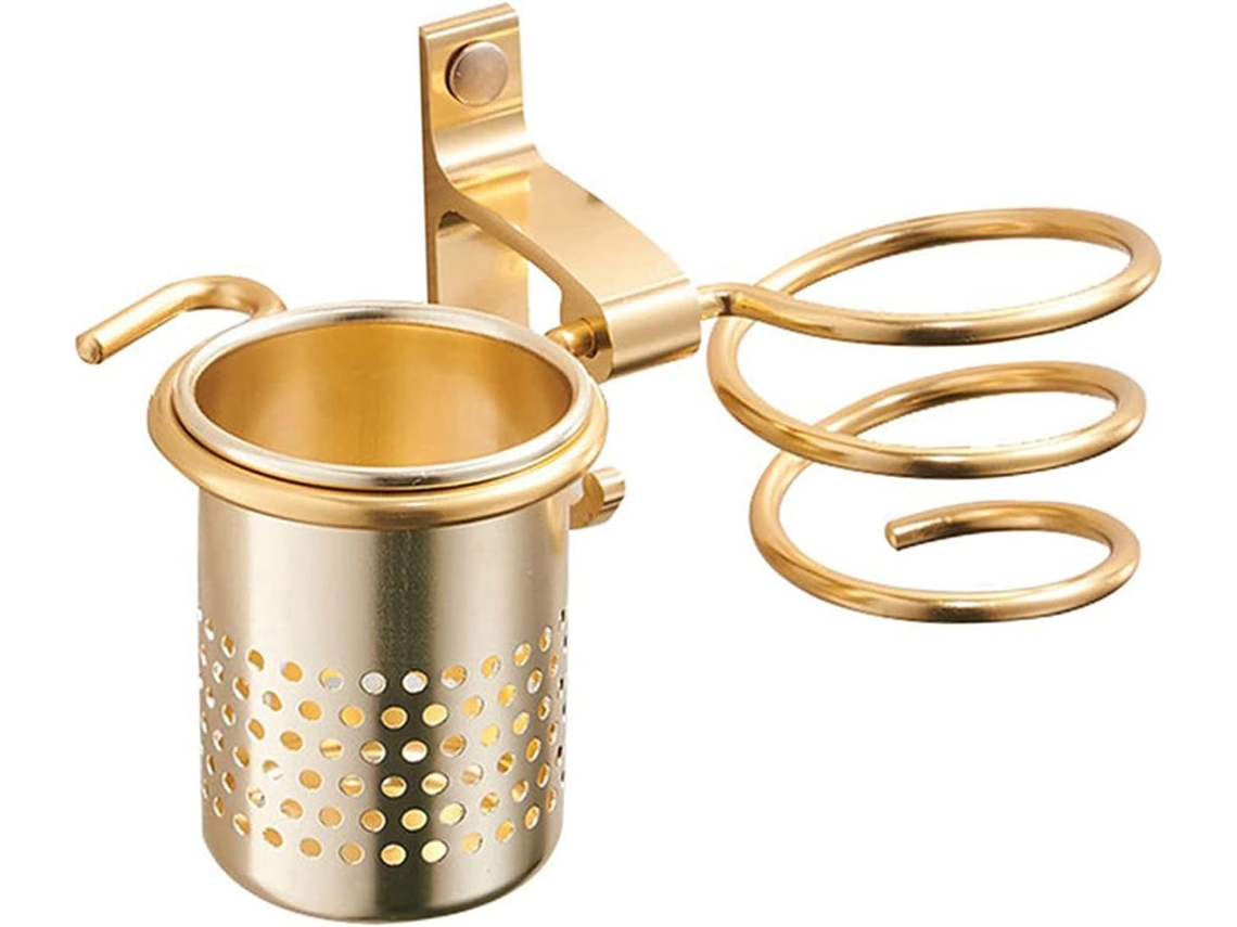 Suporte Para Secador De Cabelo Com Prateleira Copos, Secador, Parede Em Metal, Armazenamento Banheiro, Dourado