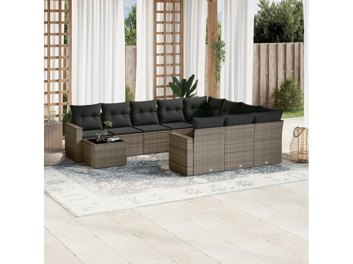 11 Pcs Conjunto Sofás De Jardim C/ Almofadões Vime Pe Cinza Dkd Home Decor
