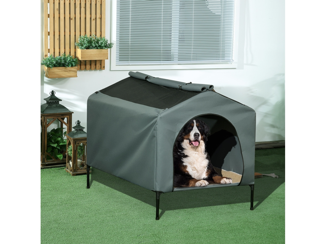 Casa C/cobert. Exterior Cama Elevada Com Almofada E Janelas De Malha 130x85x95 Cm Cinza