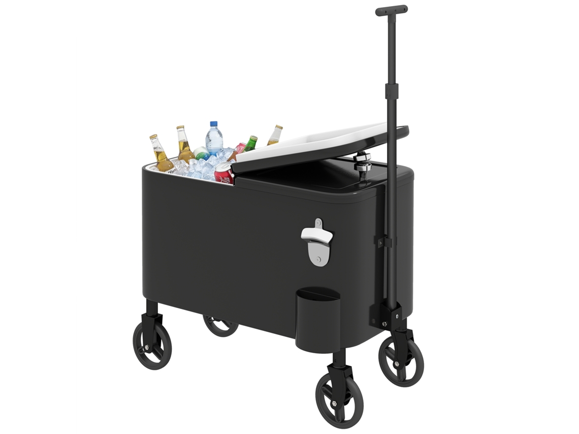 Carrinho Frigorífico De 56l Com Rodas Pega Ajustável Abre-garrafas Recolhedor De Tampas Dreno 75x35x120 Cm Preto