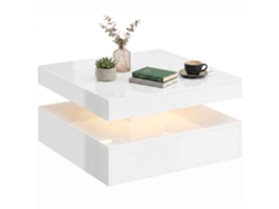 Mesa De Centro Led De 2 Níveis Com Prateleira Aberta E Comando À Distância, Acabamento Branco Brilhante