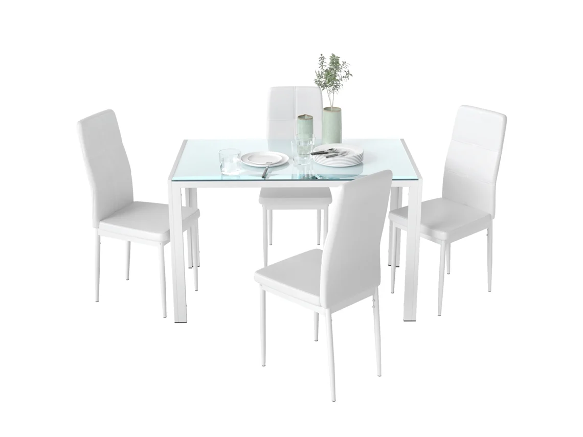 Conjunto de Refeição com Mesa Retangular de Vidro Temperado e 4 Cadeiras Estofadas em Pu com Pés de Metal Branco pt