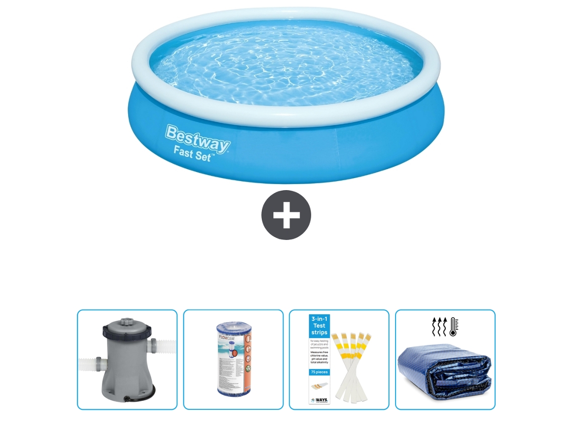 Piscina Inflável Redonda BESTWAY Fast Set 366 X 76 Cm Azul Inclui Bomba Filtro Tiras de Teste Vela Solar