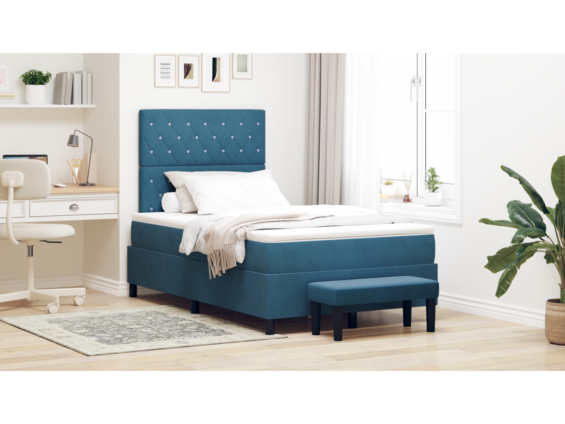 Cama Box Com Colchão Banco Azul Escuro 120x190 Cm Veludo