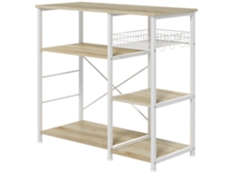 Estante De Cozinha Com 1 Cesto 4 Ganchos Em S 6 Pés Com Almofadas Ajustáveis E Prateleiras 90x40x84,5 Cm Carvalho E Branco