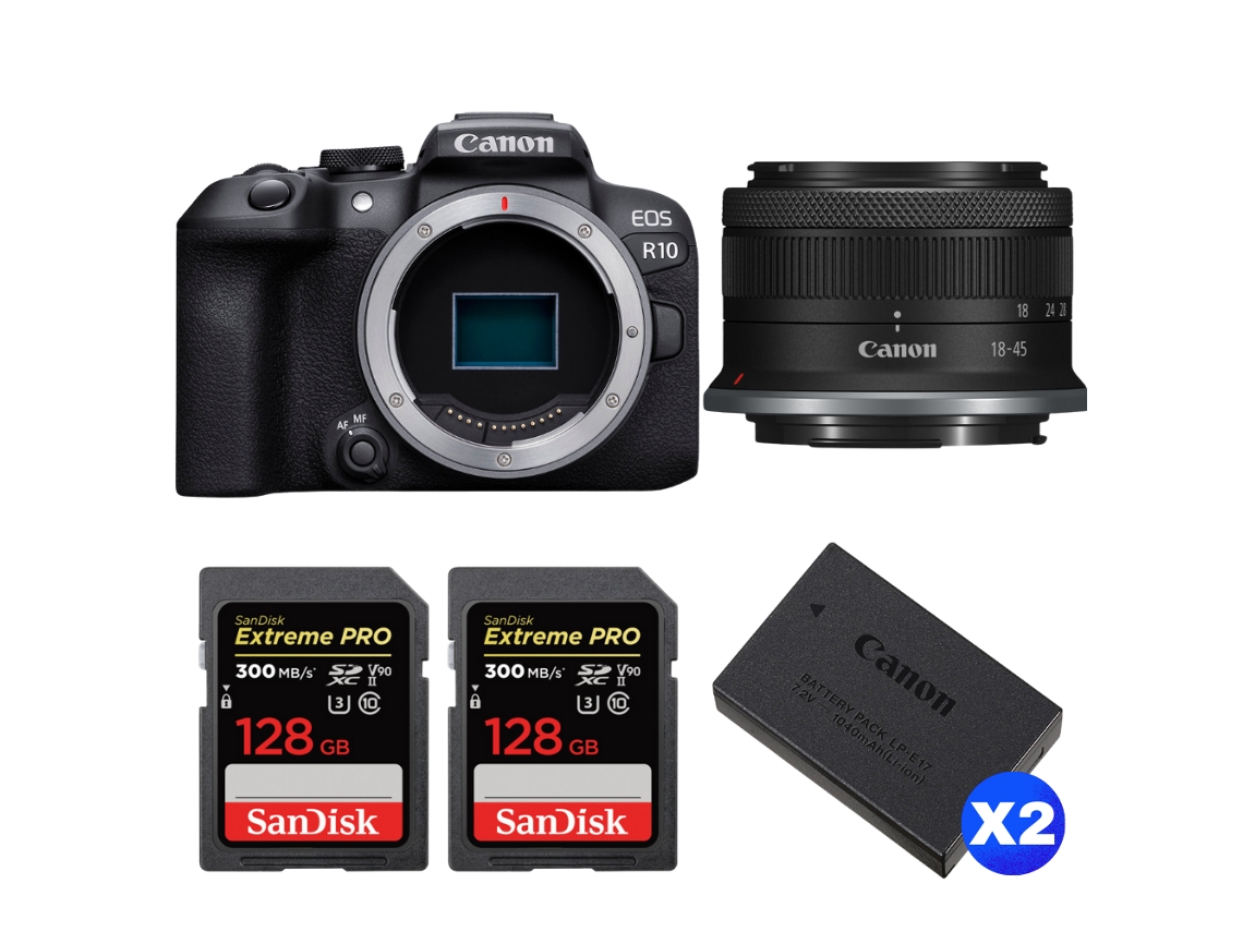 Eos R10 + Rf S 18 45mm F4.5 6.3 Is Stm + 2 Sandisk 128gb Uhs ii 300mb/s + 2 Canon Lp e17 + Ebook “20 Dicas para Fotos Que Impressionam” CANON