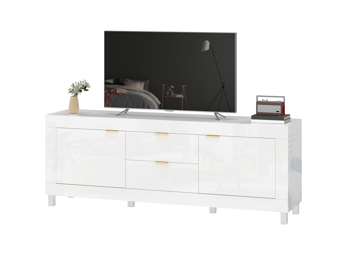 Gabinete De Tv Para Tvs De Até 75 Polegadas, Branco De Alto Brilho, Centro De Entretenimento Moderno Com 2 Armários E Avetas, 2 G