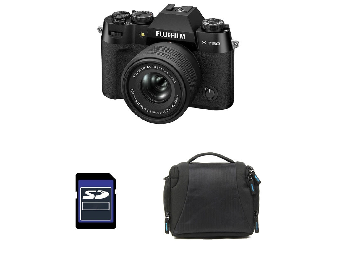 Fujifilm X t50 Preta + Lente 15-45mm + Bolsa + Cartão SD de 8GB