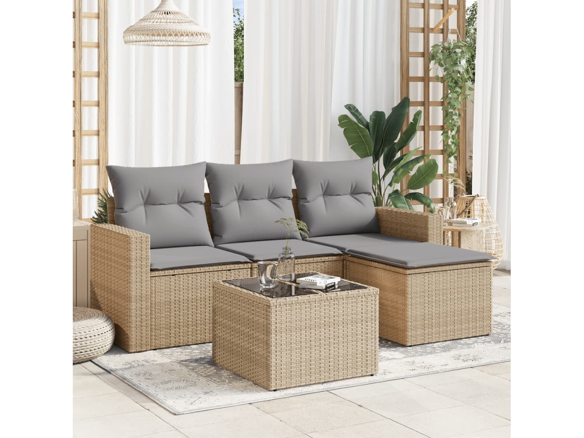Vidaxl 5 Pcs Conjunto De Sofás P/ Jardim Com Almofadões Vime Pe Bege