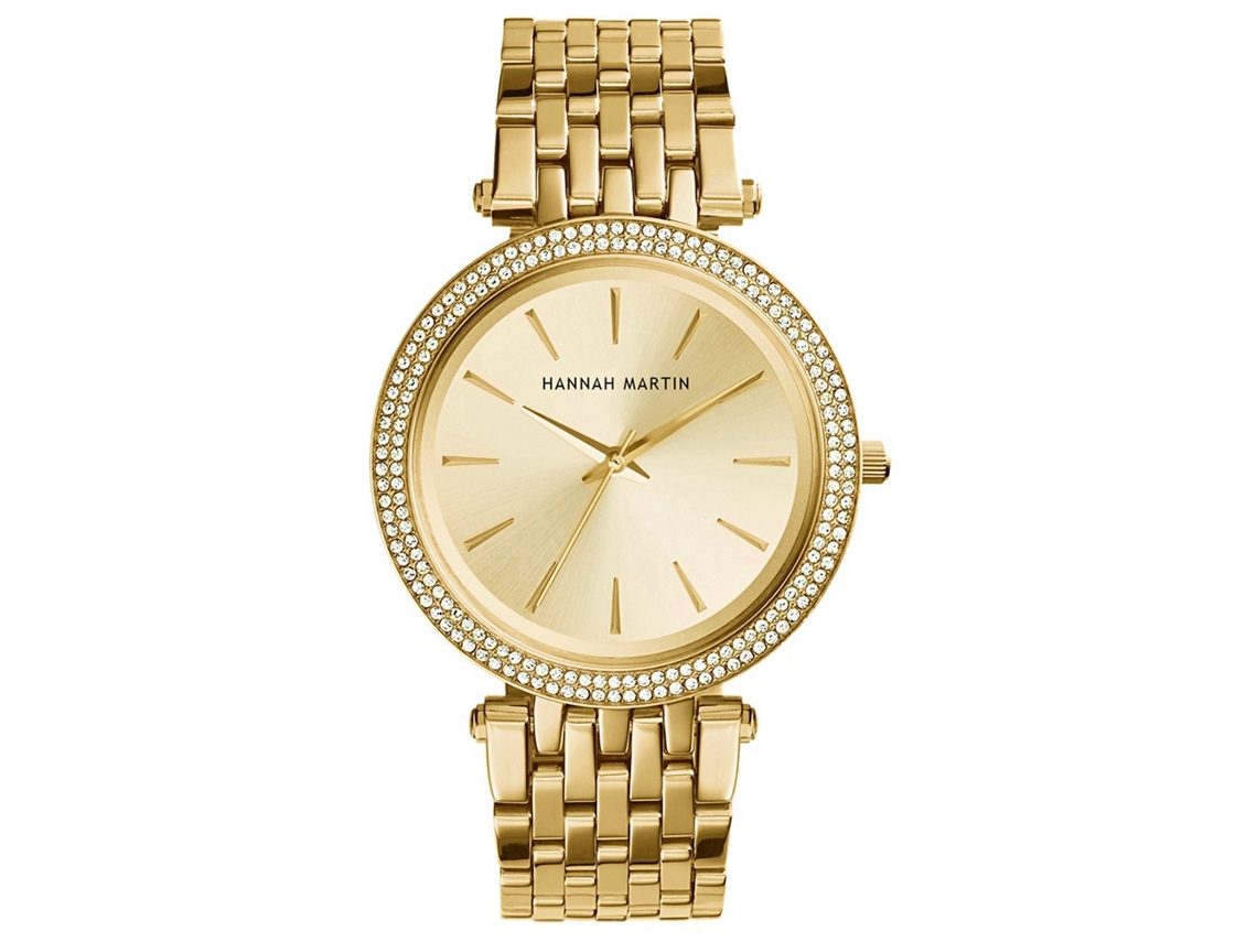 Relógio Feminino Hannah Martin Pulseira de Aço Quartzo Strass Dourado