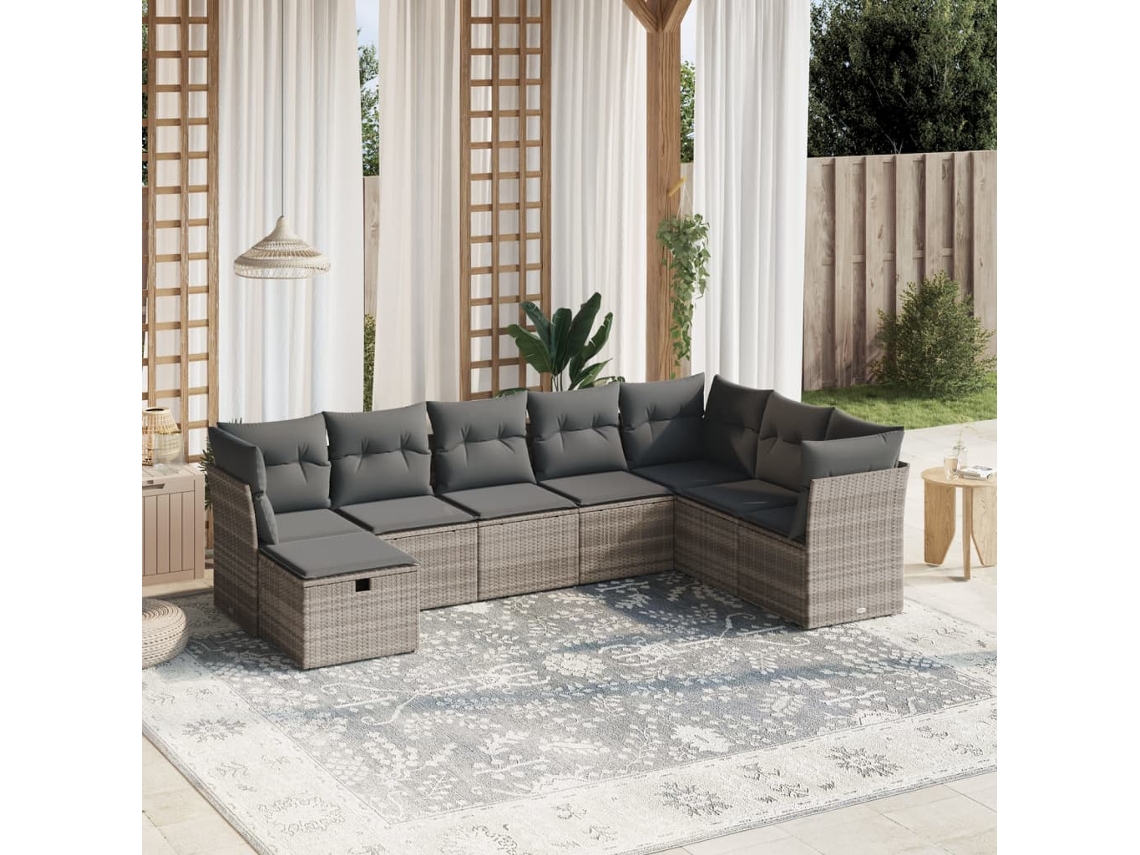 Vidaxl 8 Pcs Conj. Sofás Jardim C/ Almofadões Vime Pe Cinzento-claro