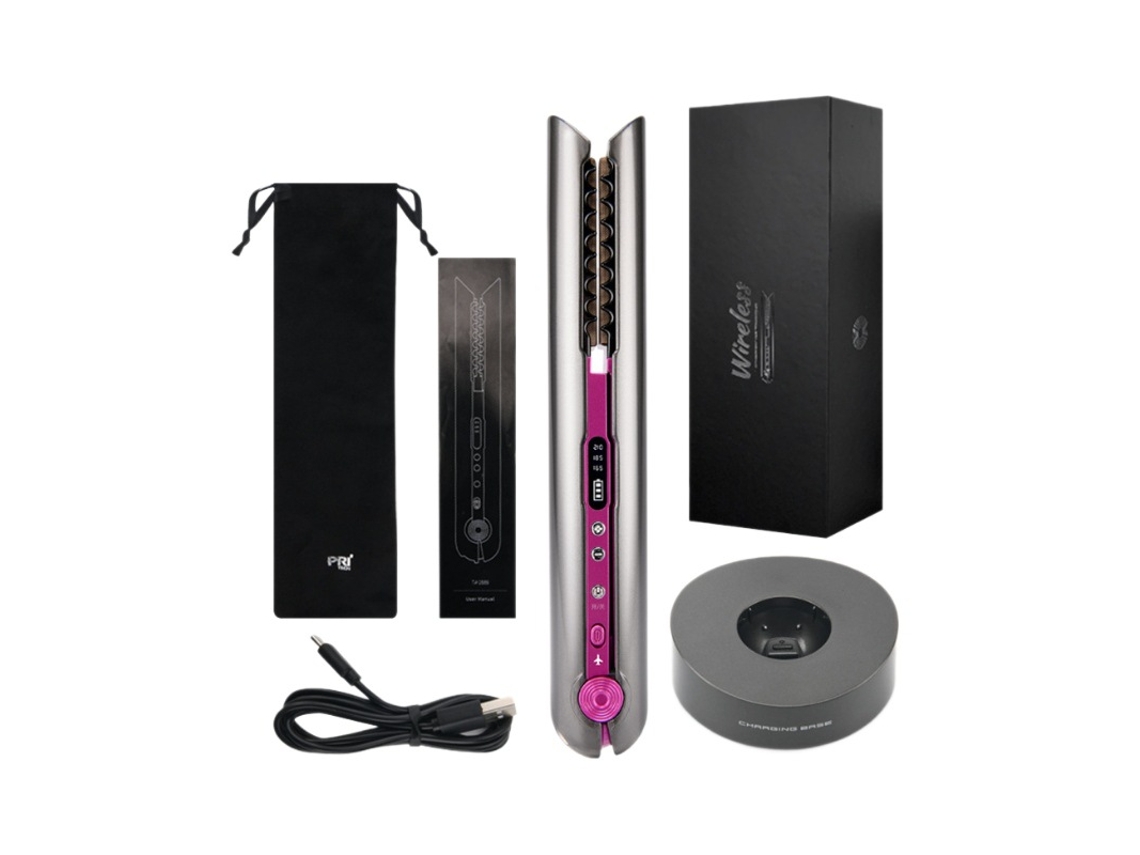 Mini Prancha Alisadora E Modeladora De Cabelo 2 Em 1 Com Carregamento Sem Fio - Rosa Sakura - Base Redonda