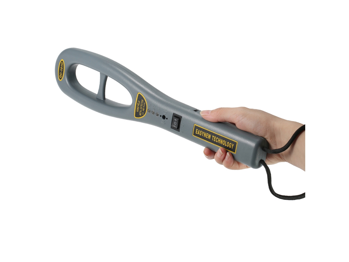 Detector de metais portátil com alarme vibratório para segurança e busca de tesouros.