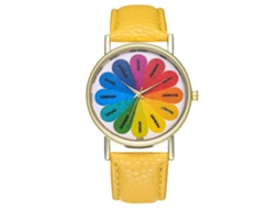 Relógio feminino casual de quartzo com pulseira de couro PU amarela.