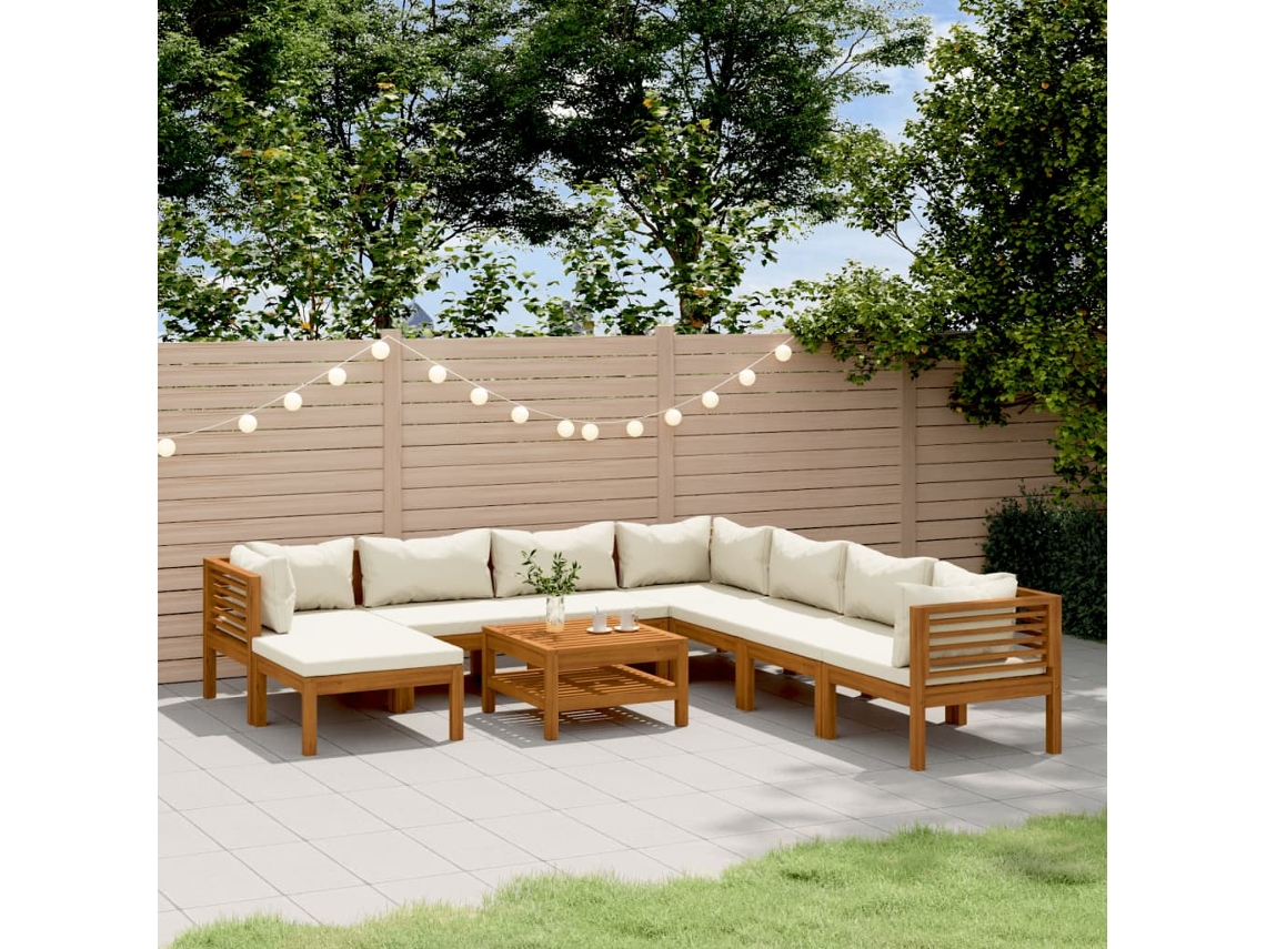 Vidaxl 9 Pcs Conjunto Lounge Jardim C/ Almofadões Creme Acácia Maciça
