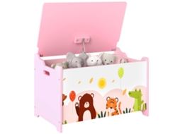 Baú De Brinquedos Com Tampa Rebatível Fecho Suave Alças E Estampados De Animais 60x37x39 Cm Rosa