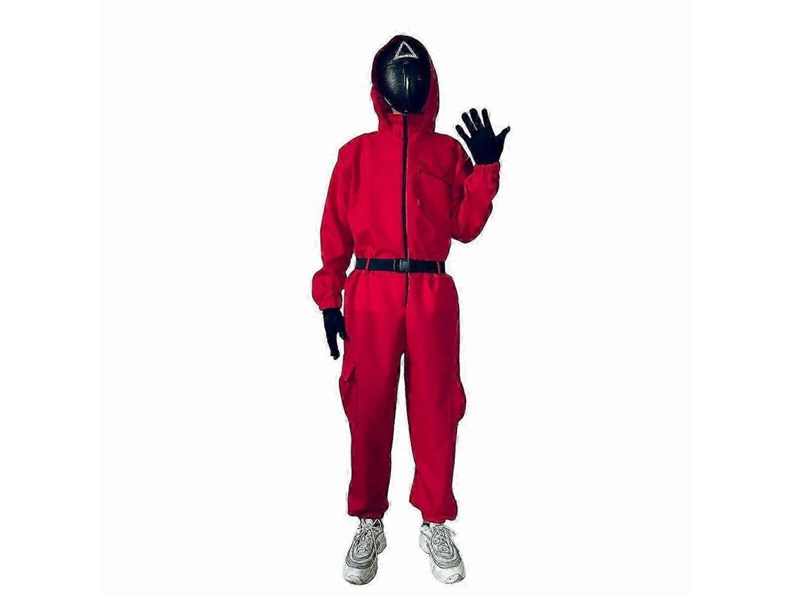 Fantasia de Halloween Infantil Jumpsuit Squid Game Conjunto de Traje Cosplay Niños 115 com Máscara Triangular