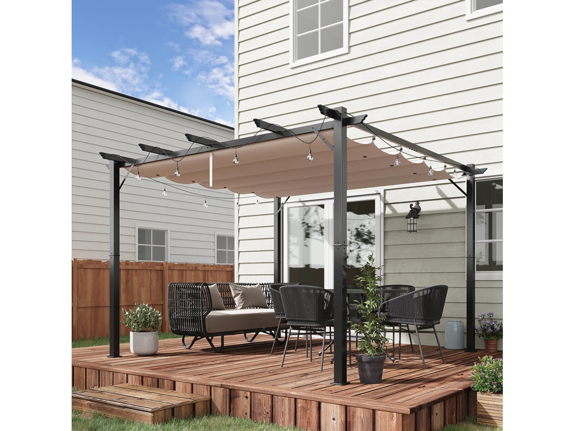 Pérgola Para Jardim 3x3 Metros, Estrutura De Alumínio Na Cor Cinza Com Cobertura Retrátil Anti-uv