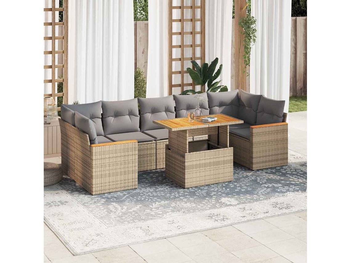 Vidaxl 8 Pcs Conjunto Sofás Jardim Com Almofadões Vime Pe/acácia Bege