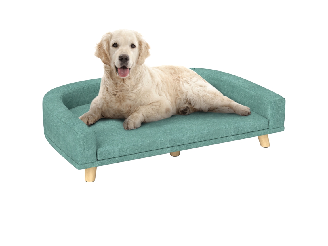 Sofá e Cama Elevada para Cães Acolchoada com Almofada Lavável e Pernas de Madeira de Pinheiro 98x67x25 Cm, Verde E TOWN COMMERCE GMBH