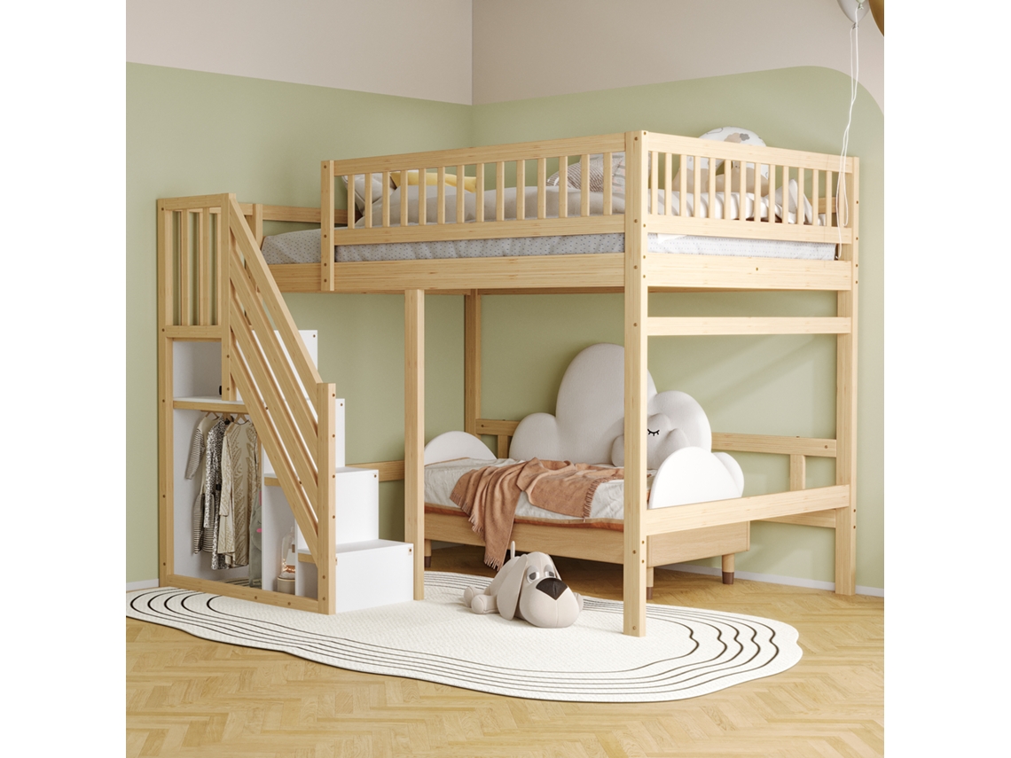 Cama De Madeira Maciça 140x200 Com Escada Armário Guarda-corpo Alto