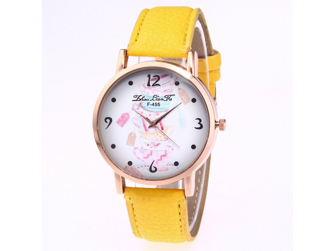 Relógio de quartzo casual, simples e moderno, com pulseira de couro PU amarelo, ideal para uso doméstico e feminino.