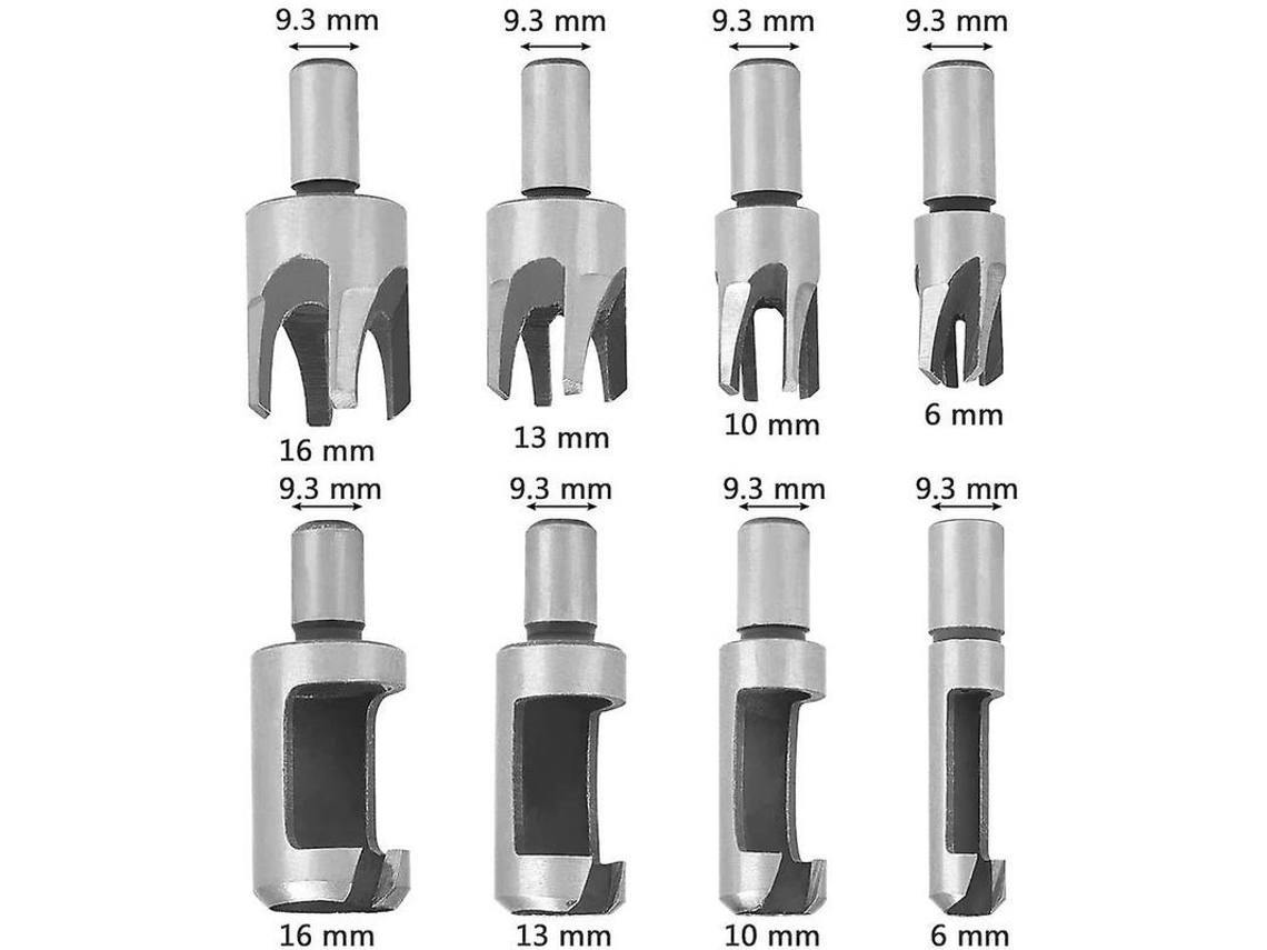 Jogo de 8 brocas para madeira, aço carbono, tamanhos 6 mm, 10 mm, 13 mm, 16 mm, brocas cônicas e de garra.