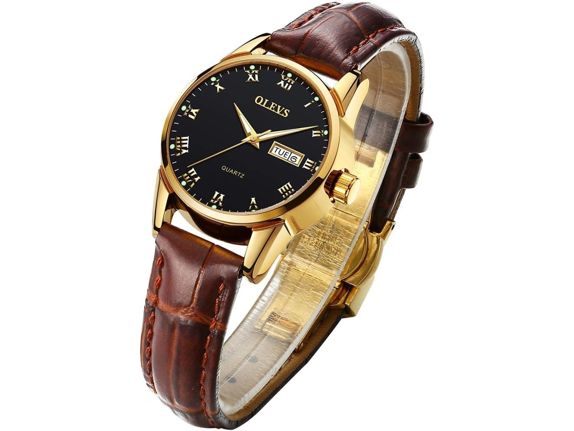 Lurelia Relógio Feminino, Movimento De Quartzo, Data/calendário, Luminoso, 29 Mm, 9,06 Polegadas, Couro, Resistente À Água, Preto, Dourado
