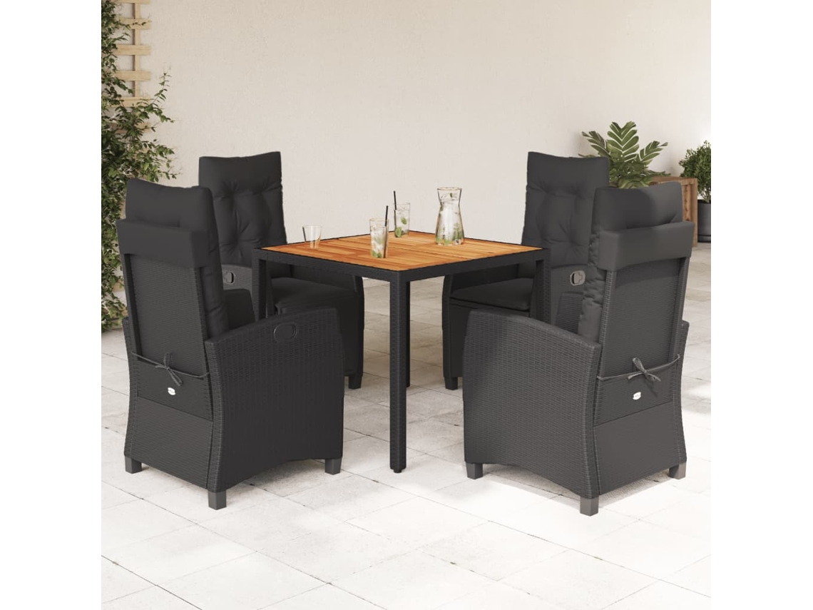 5 Pcs Conjunto De Jantar P/ Jardim C/ Almofadões Vime Pe Preto Dkd Home Decor