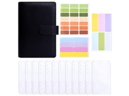 A6 Ring Binder Cash Budget Notebook Financial Planner, Macaron Style, Black With 12-zipper Bags And Sticky Labels