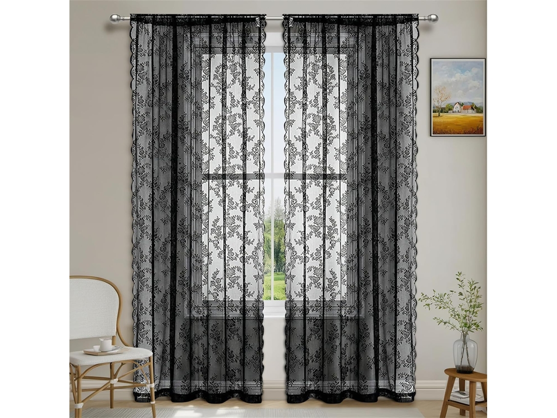 Cortinas Leves Para Sala De Estar, Renda Em Cor Sólida, Conjunto De 2 Peças, Cortinas Curtas E Leves (preto, 140x244 Cm)