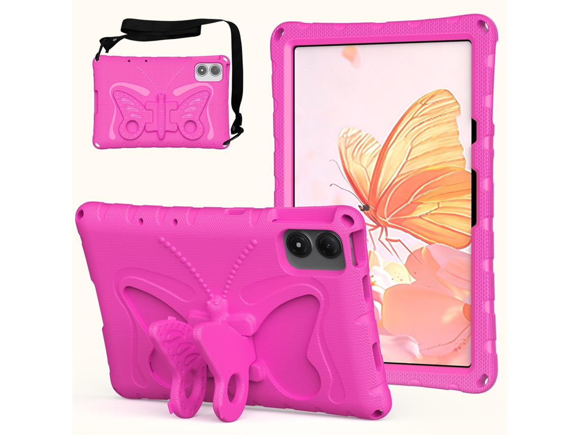 Capa Infantil Para Lenovo Idea Tab Plus Tb-361fu 12.1" (2025), Com Estampado De Borboletas Fofascom Alça De Ombro E Suporte. Rosa Choque Hexinyigjly