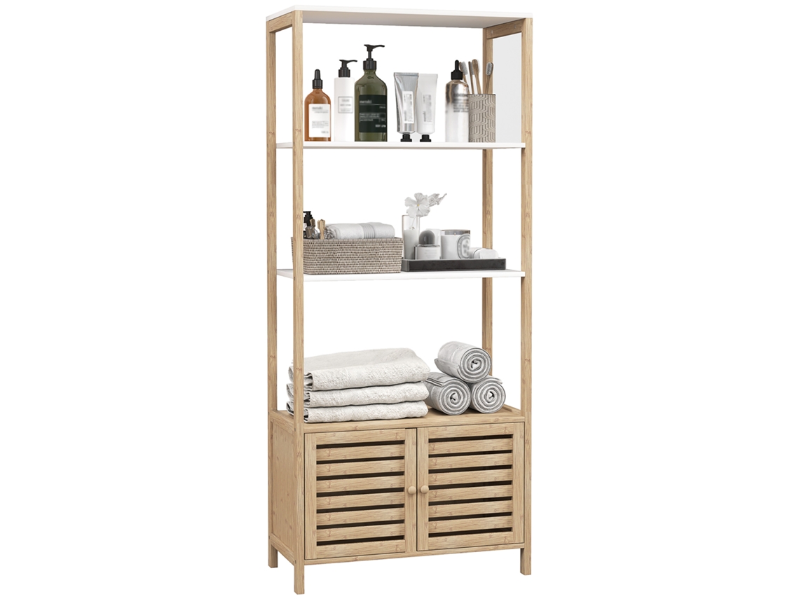 Armário De Banheiro Em Formato De Coluna, Em Bambu, Com 3 Prateleiras E 1 Armário, 63 X 30 X 138 Cm, Madeira Natural E Branco.