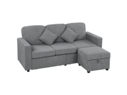 Sofá 3 Lugares Modular Com Pufe Arrumação Em Veludo Canelado, 196x139x85cm, Cinza Claro