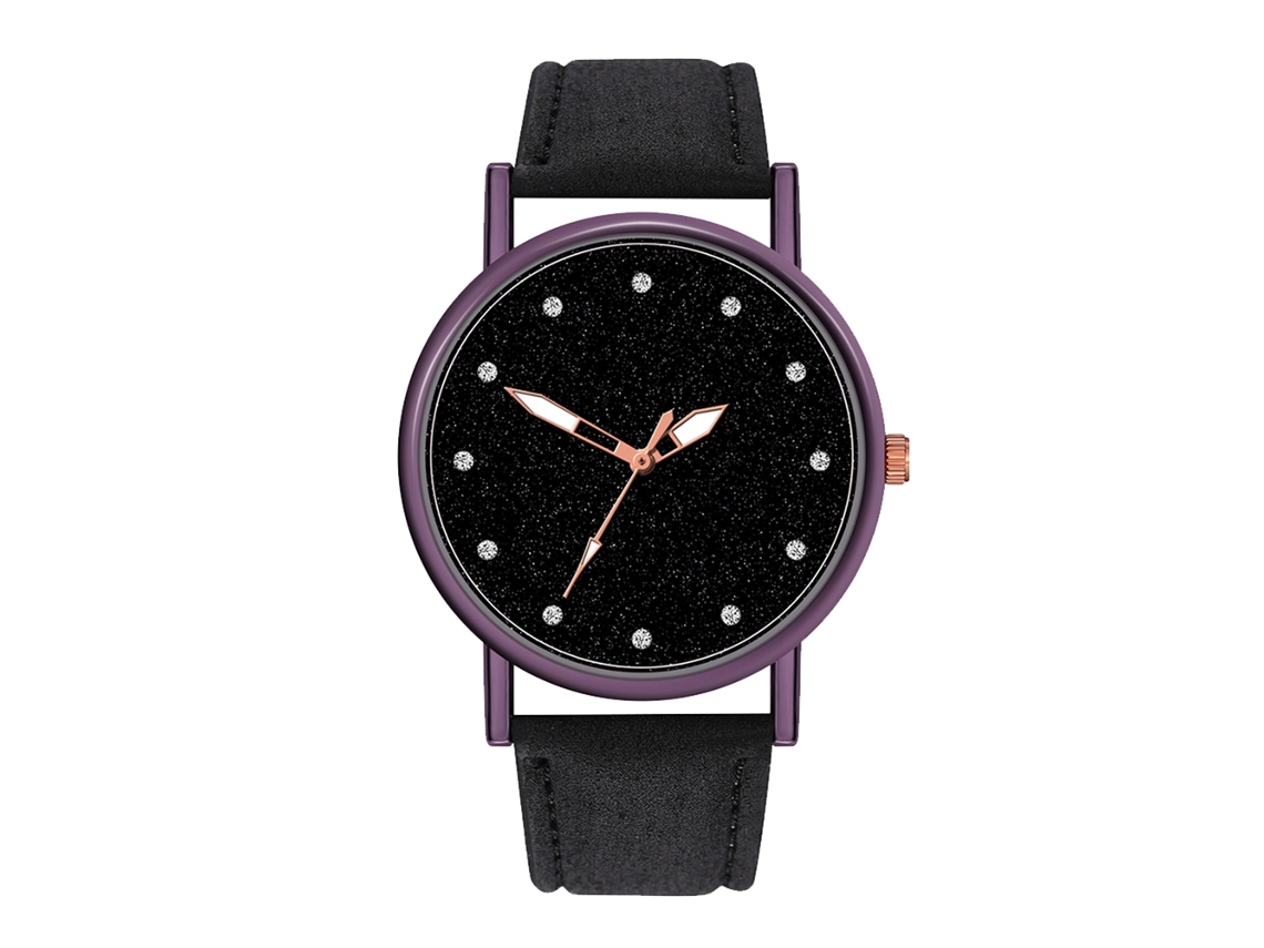 Relógio de pulso feminino simples em couro com mostrador redondo e movimento de quartzo, preto.
